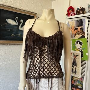 Brown Fringe Leather Halter Top